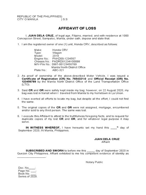 Affidavit of Loss OR/CR for Motor Vehicle Sample.